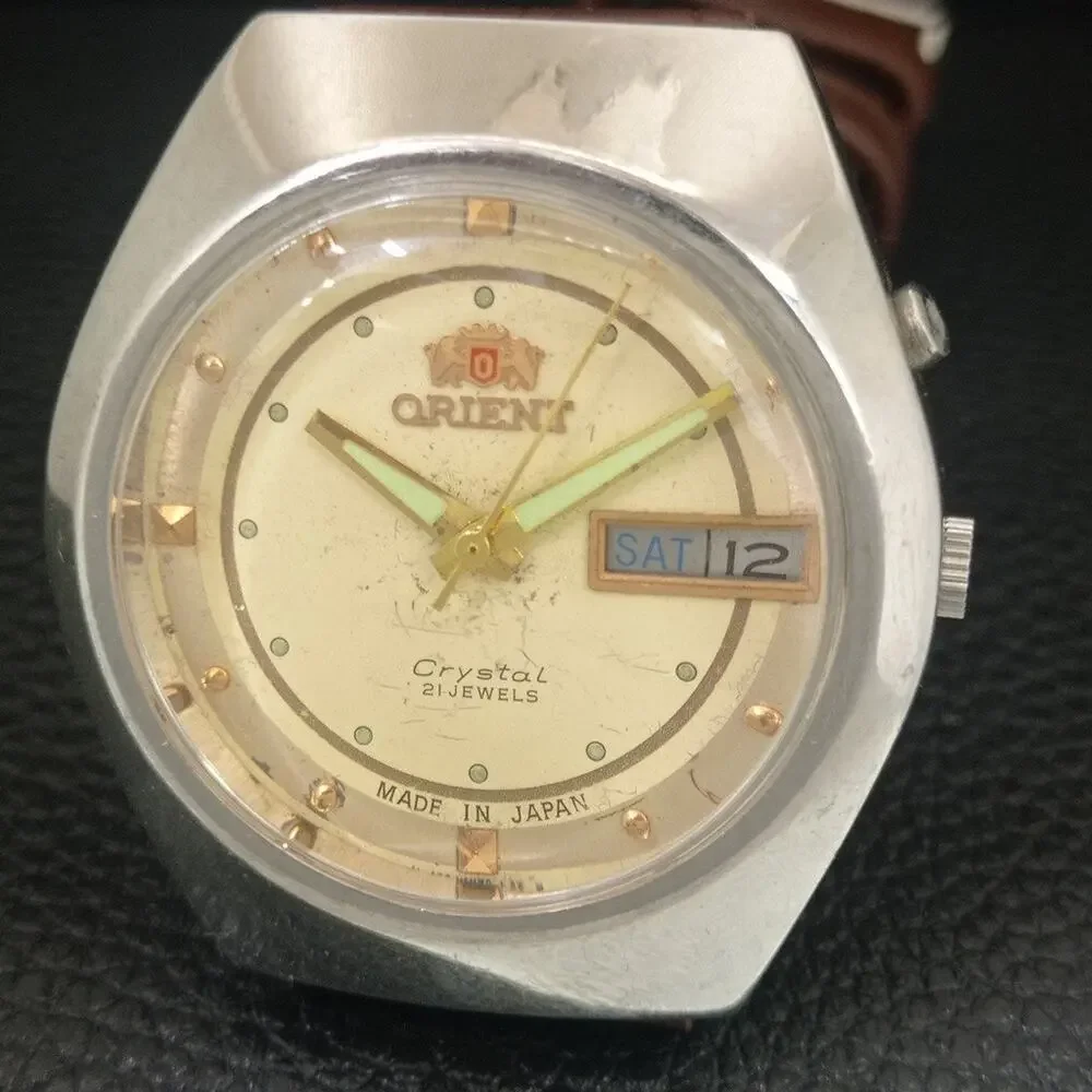 Vintage 1979 Orient Automatic Mens Silver Watch W/daydate & Gold accents